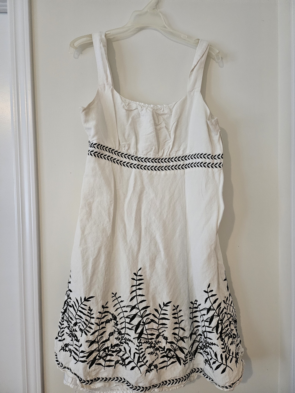 White Sundress with Black Botanical Embroidery